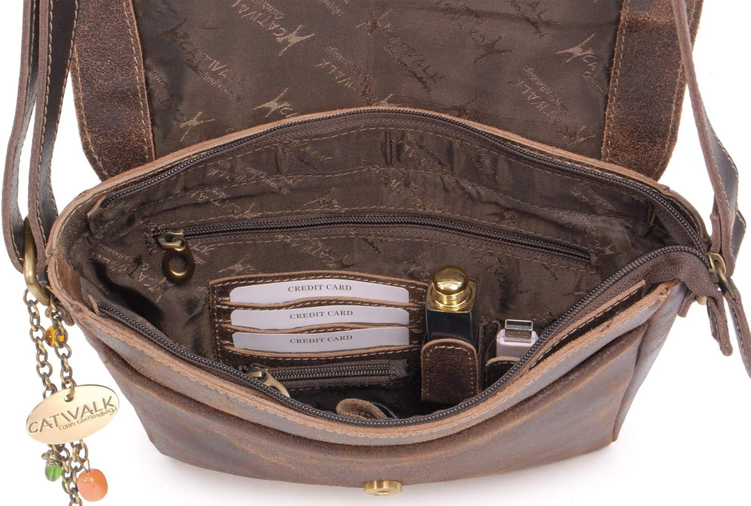 Catwalk Collection Handbags - Damen Antik-Leder Umhängetasche - Messenger Bag Mittelgross - Arbeitst