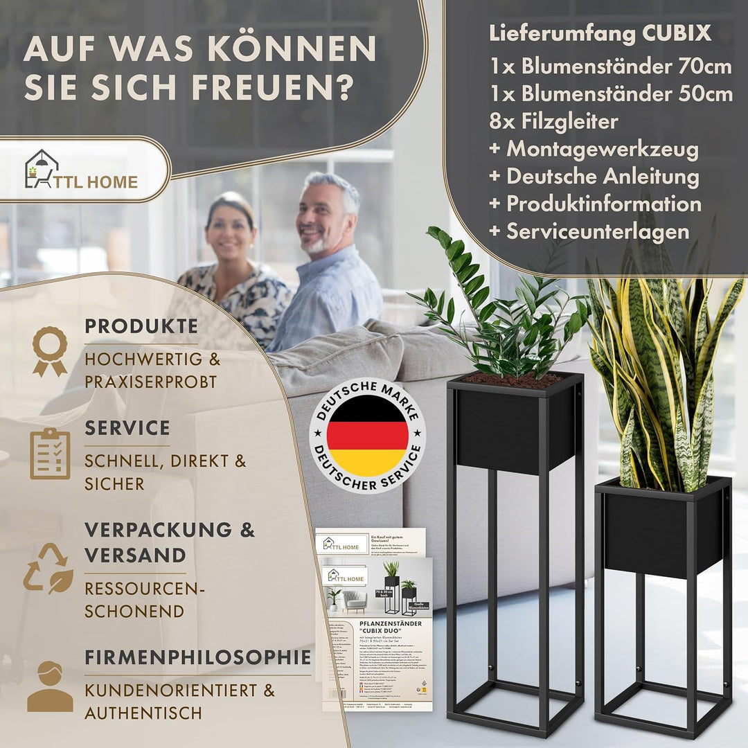 Blumenständer CUBIX DUO 2er Set - Pflanzenständer Metall schwarz 50 und 70 cm hoch - Design Blumento