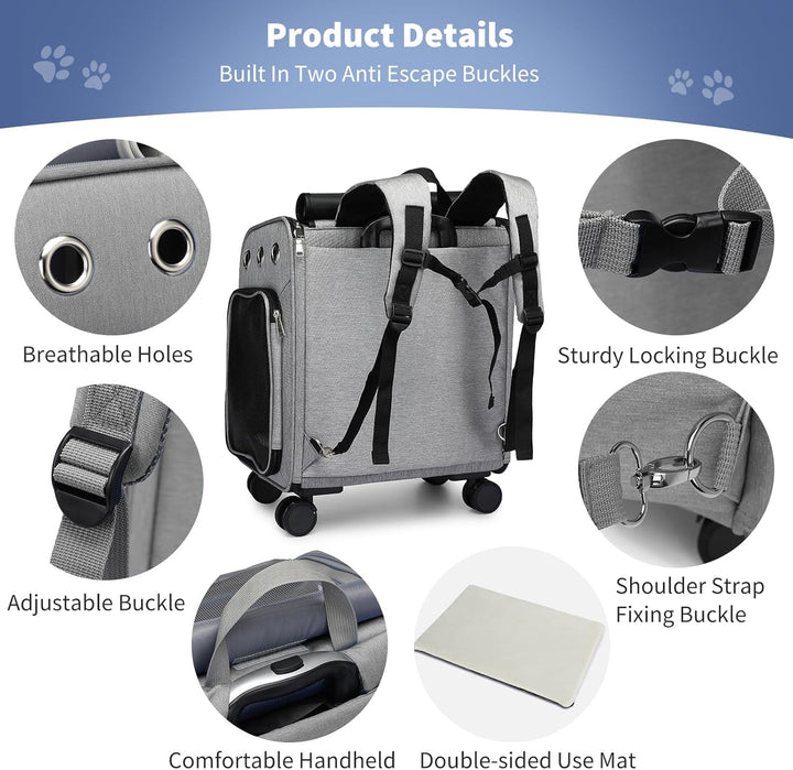 PETCUTE Katzenrucksack Hunderucksack mit Trolley 2 in 1 bis 11 kg,Faltbarer Hundetrolley mit 4 Räder