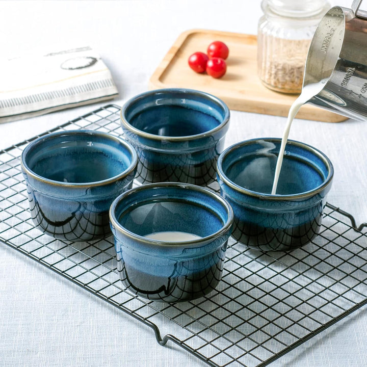 4 Stück Soufflé Förmchen, 240mL Creme Brulee Schälchen, Pastetenform, Kleine Auflaufformen, Mini Auf