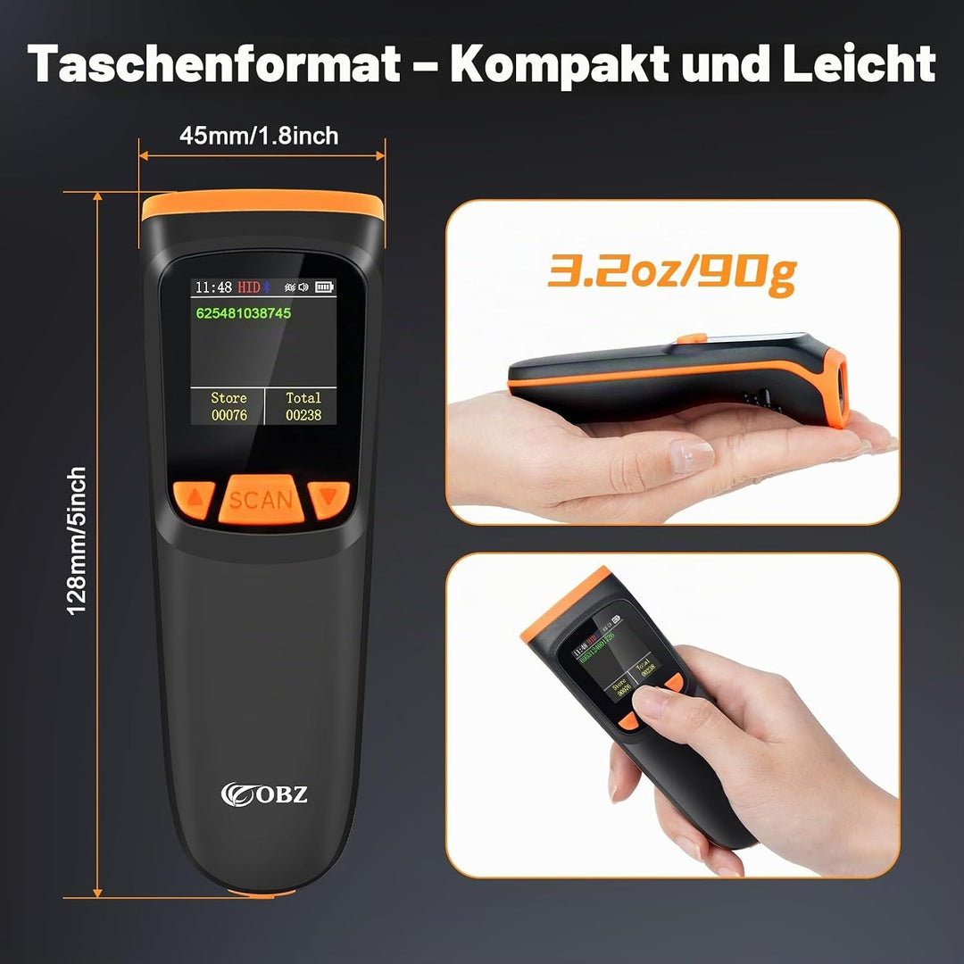 OBZ Barcode Scanner Kabellos mit Display, 1D 2D QR Code Scanner Bluetooth/USB/2.4G Wireless, Tragbar
