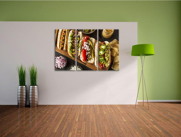 Amerikanische Hotdogs als 3-Teiler Leinwandbild 120x80 Bild auf Leinwand, XXL riesige Bilder fertig