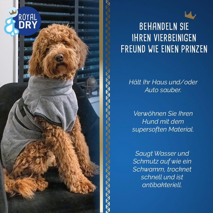 Royal Dry Bademantel Hund - Mikrofaser Hundebademantel - XL - Rückenlänge 70-80 cm - Grau, XL