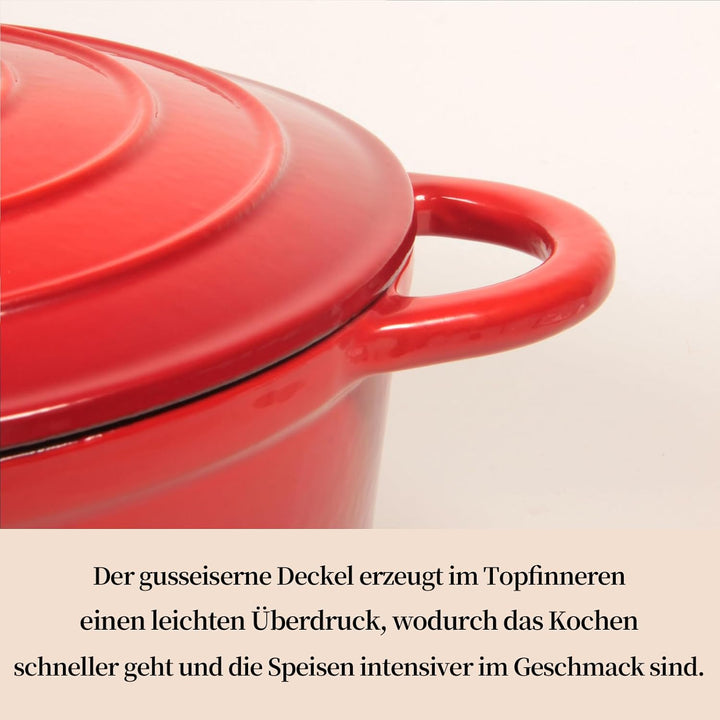 Nilpferd Gusseisen Topf Bratentopf Schmortopf Brotbacktopf mit Deckel und Griffen 22cm/3l Rund Rot E