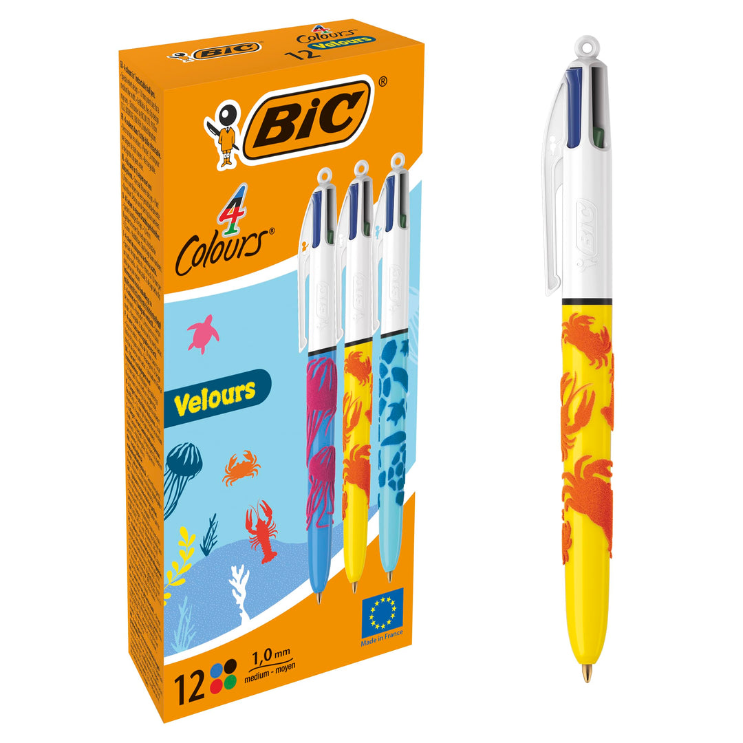BIC 4 Farben Kugelschreiber Set 4 Colours Velours, mit samtiger Oberfläche in Dschungelmotiven, 12er