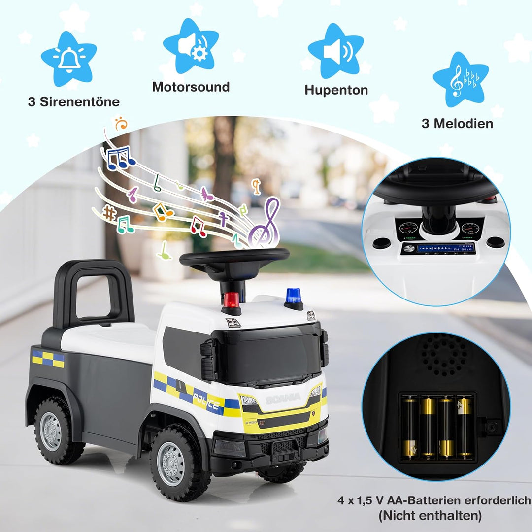 COSTWAY 2 in 1 Rutschauto, Polizeiauto mit Lenkrad, LED-Licht, Hupe & Musik, Rutscher Auto mit Staur