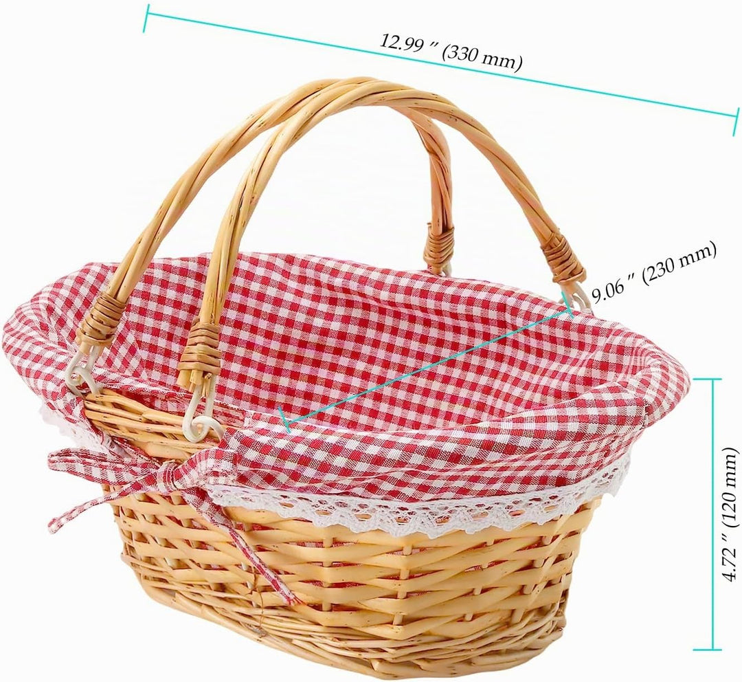 2 Stück Picknickkorb aus Weide, 33x23x12cm, Handgeflochtener Weidenkorb mit Henkel und Gingham Futte