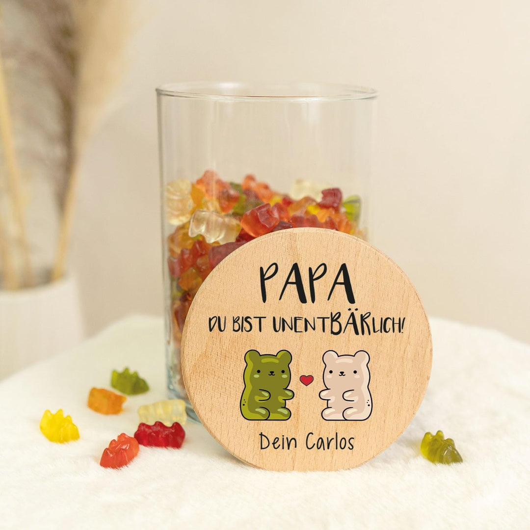 GRAVURZEILE Vorratsglas mit bedrucktem Holzdeckel - UnentBÄRlich Papa - Personalisiert mit Name - Ke