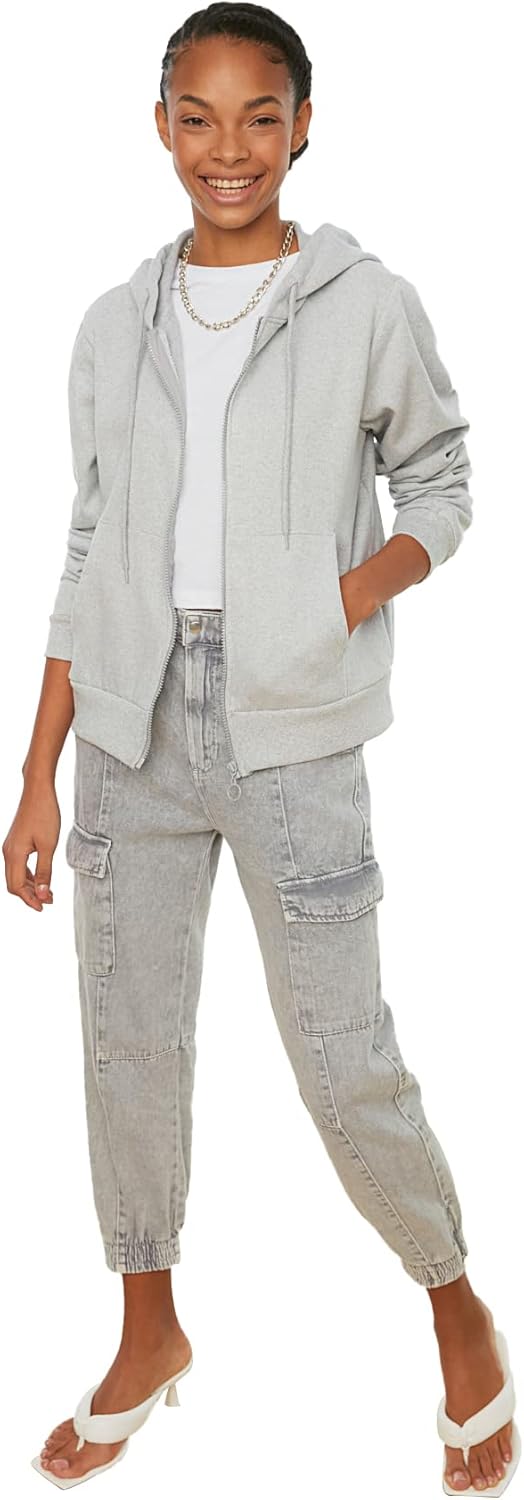 TRENDYOL Damen Kapuzen-Basic Gestricktes Schlankes Hooded Sweatshirt M Grau, M Grau
