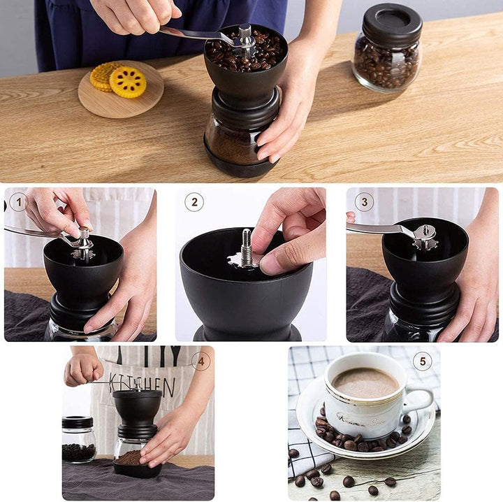 Manuelle Kaffeemühle mit Keramik-Frässtiften, 350 ml,Glasdosen, Silikonabdeckung und Edelstahlgriff,