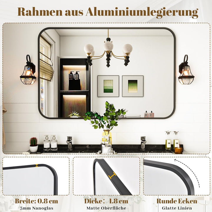Koonmi Wandspiegel schwarz, 75x122 cm Badezimmerspiegel mit runder Ecke, Morden Spiegel Wand mit Rah