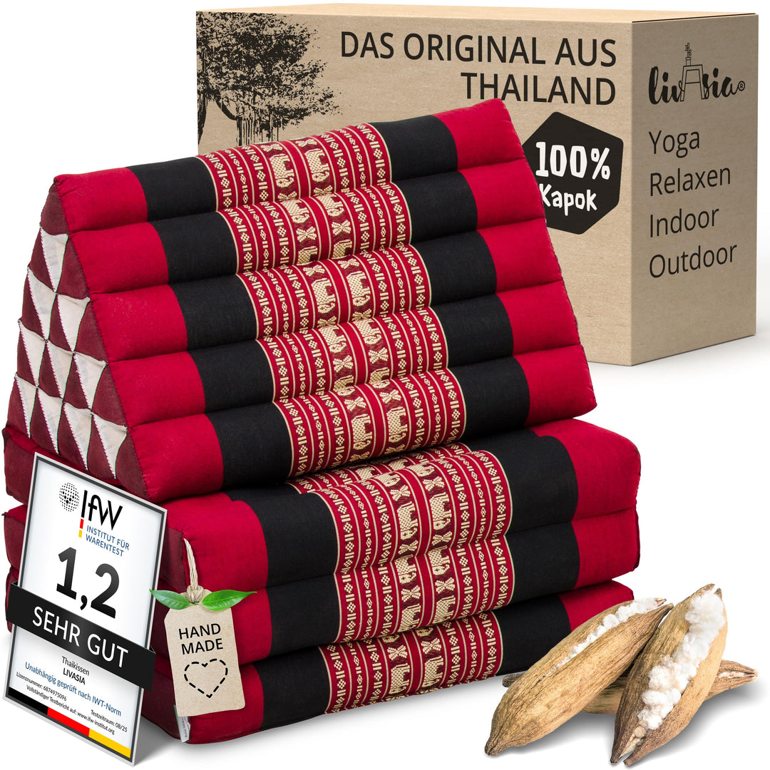 livasia Thaikissen 3 Auflagen extrahoch - 185x55x8cm - Dreieckskissen mit Klappmatratze, Kapok, Jumb