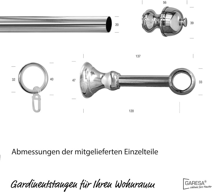 Garesa Gardinenstange Andrea Ø 20mm, 1-läufig, Chrom I Stabile Vorhangstange inkl. Ringe + Faltenleg