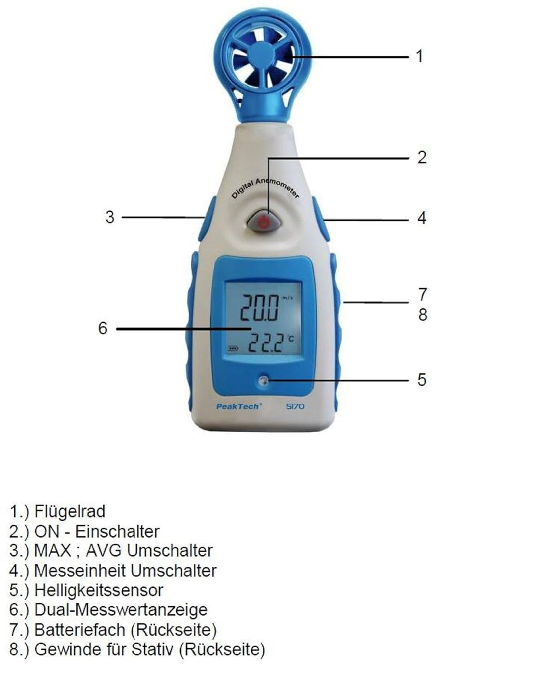 PeakTech Flügelrad Anemometer Digital, Windmessgerät für Windgeschwindigkeit in Knoten und Windchill