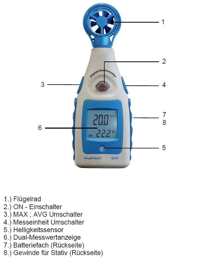 PeakTech Flügelrad Anemometer Digital, Windmessgerät für Windgeschwindigkeit in Knoten und Windchill