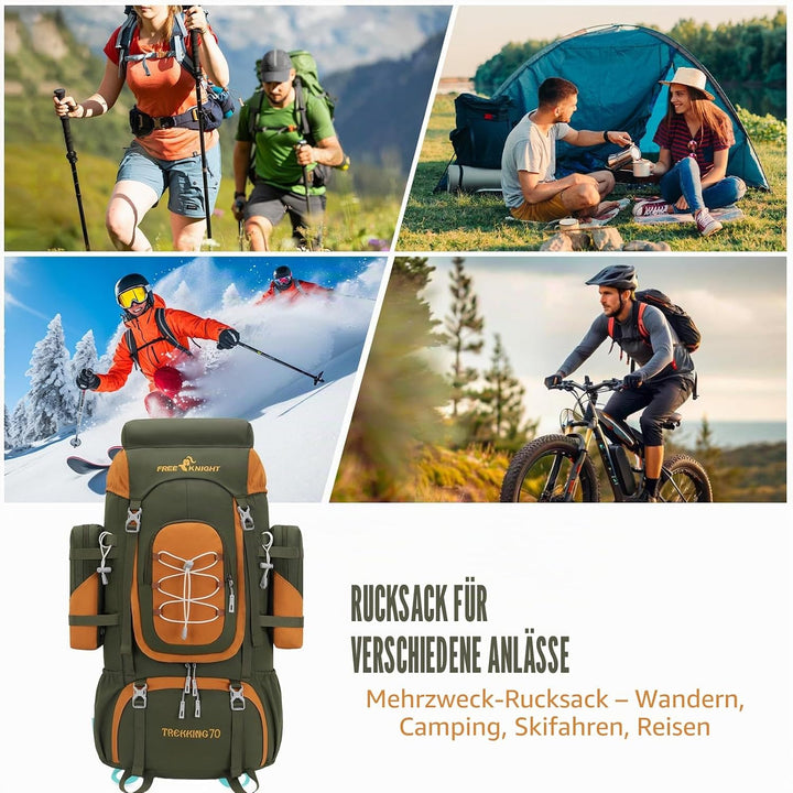 Bseash 70L (65+5) Wasserdichter Wanderrucksack mit Regenschutz, Outdoor-Sport, Reisen, Tagesrucksack