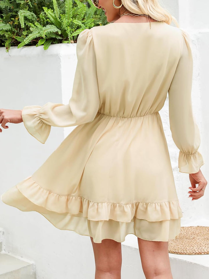 CUPSHE Damen Kleid V Ausschnitt Volant Langarm Rüschensaum Chiffon Kurzes Minikleid Freizeitkleider