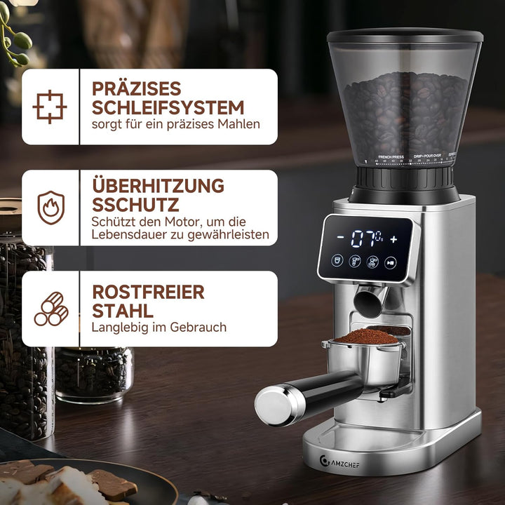 AMZCHEF Kaffeemühle Elektrisch mit Abnehmbarem Halter für Siebträger und Behälter | Kaffeemühle Sieb