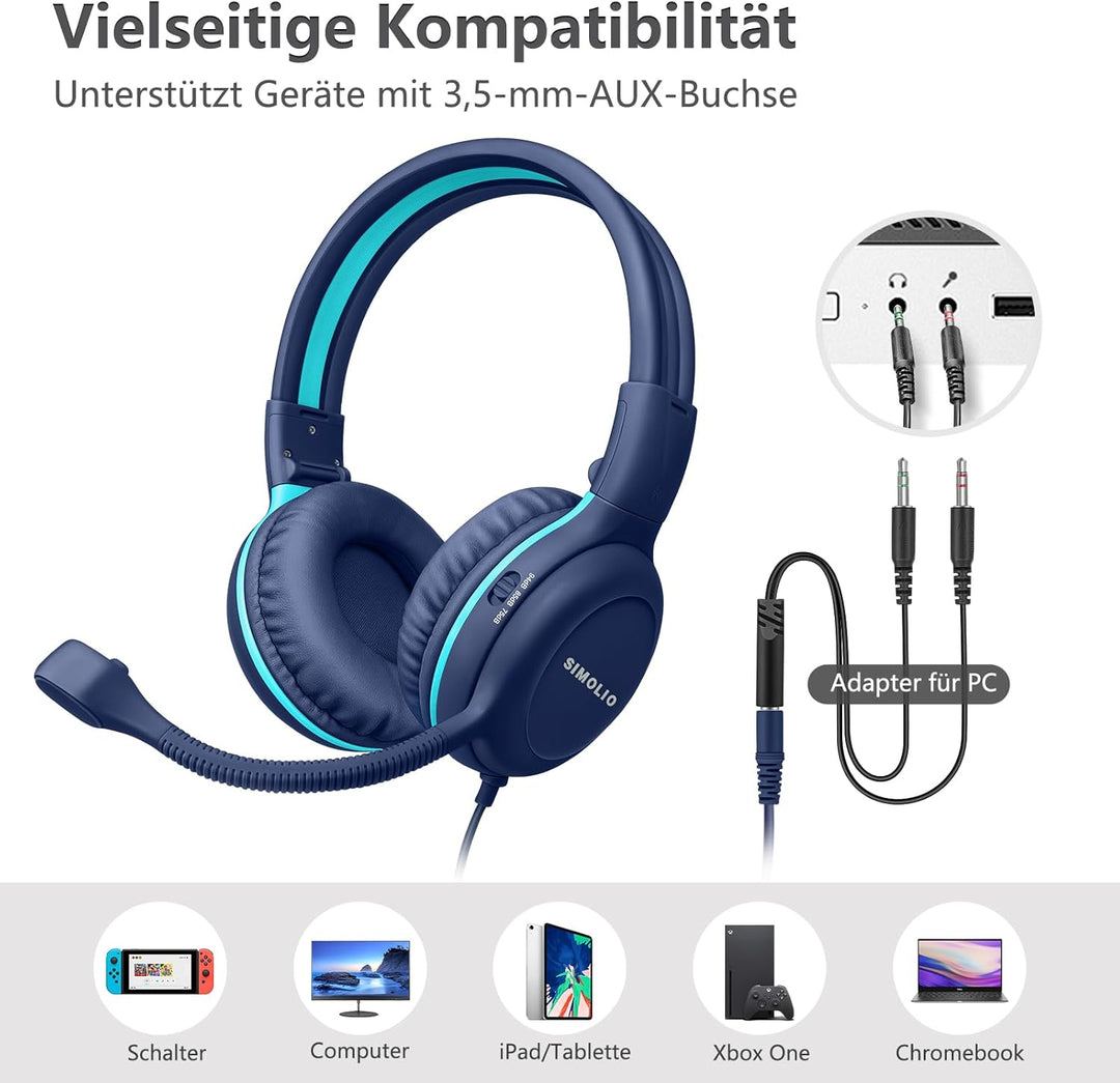 SIMOLIO Kopfhörer Kinder mit Mikrofon, On-Ear-Kinder Kopfhörer mit Mikrofon für Schüler, Gaming Kopf
