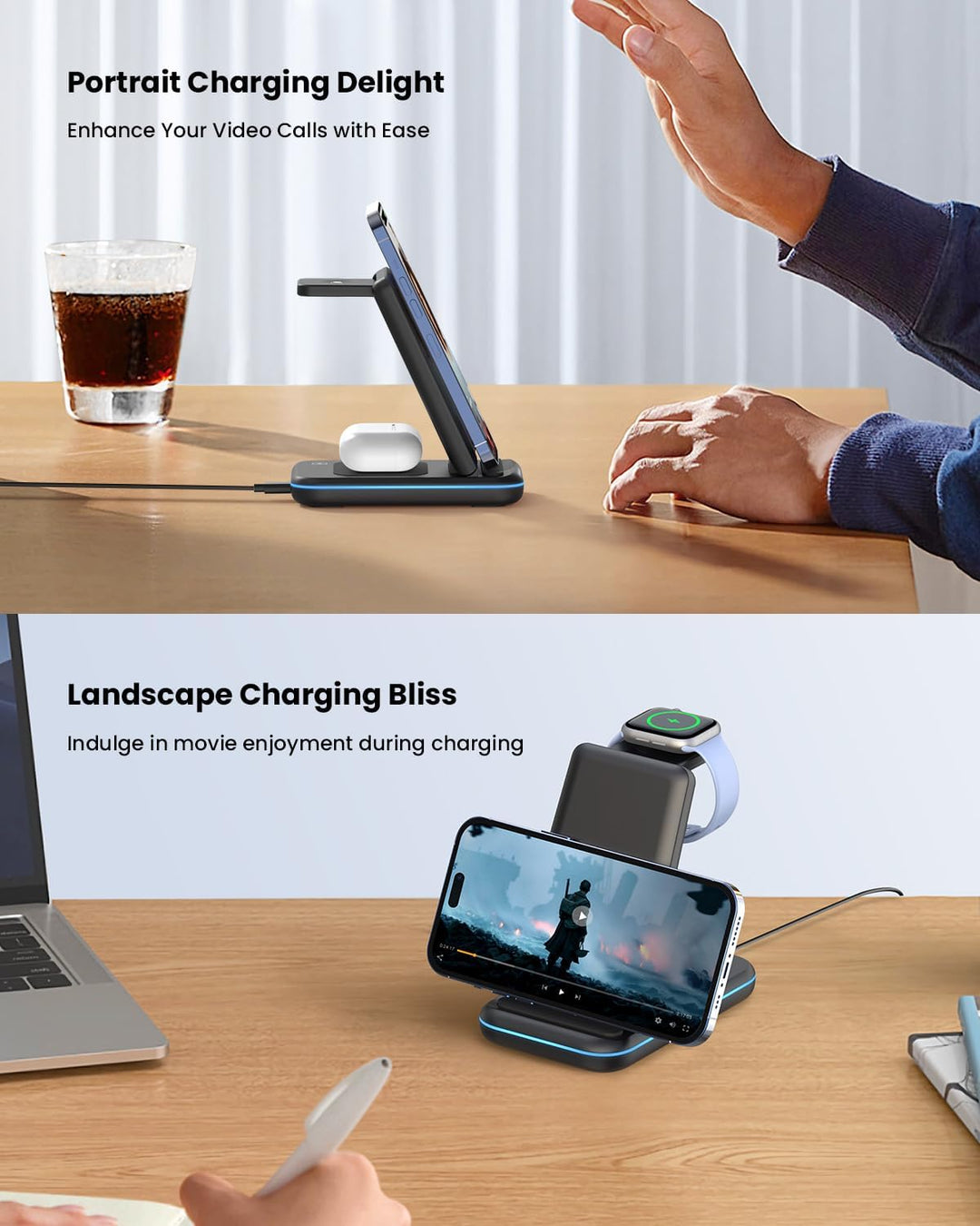 JoyGeek 3 in 1 Kabelloses Ladegerät, Faltbar Wireless Charger für i Phone 15/14/13/12/11/Pro Max/X/8