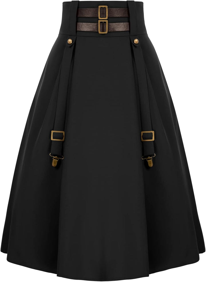 SCARLET DARKNESS Damen Mittelalter Rock Steampunk Knielang mit Schnalle und Riemen Gothic Rock Pirat