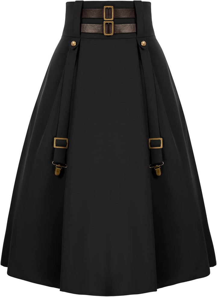 SCARLET DARKNESS Damen Mittelalter Rock Steampunk Knielang mit Schnalle und Riemen Gothic Rock Pirat