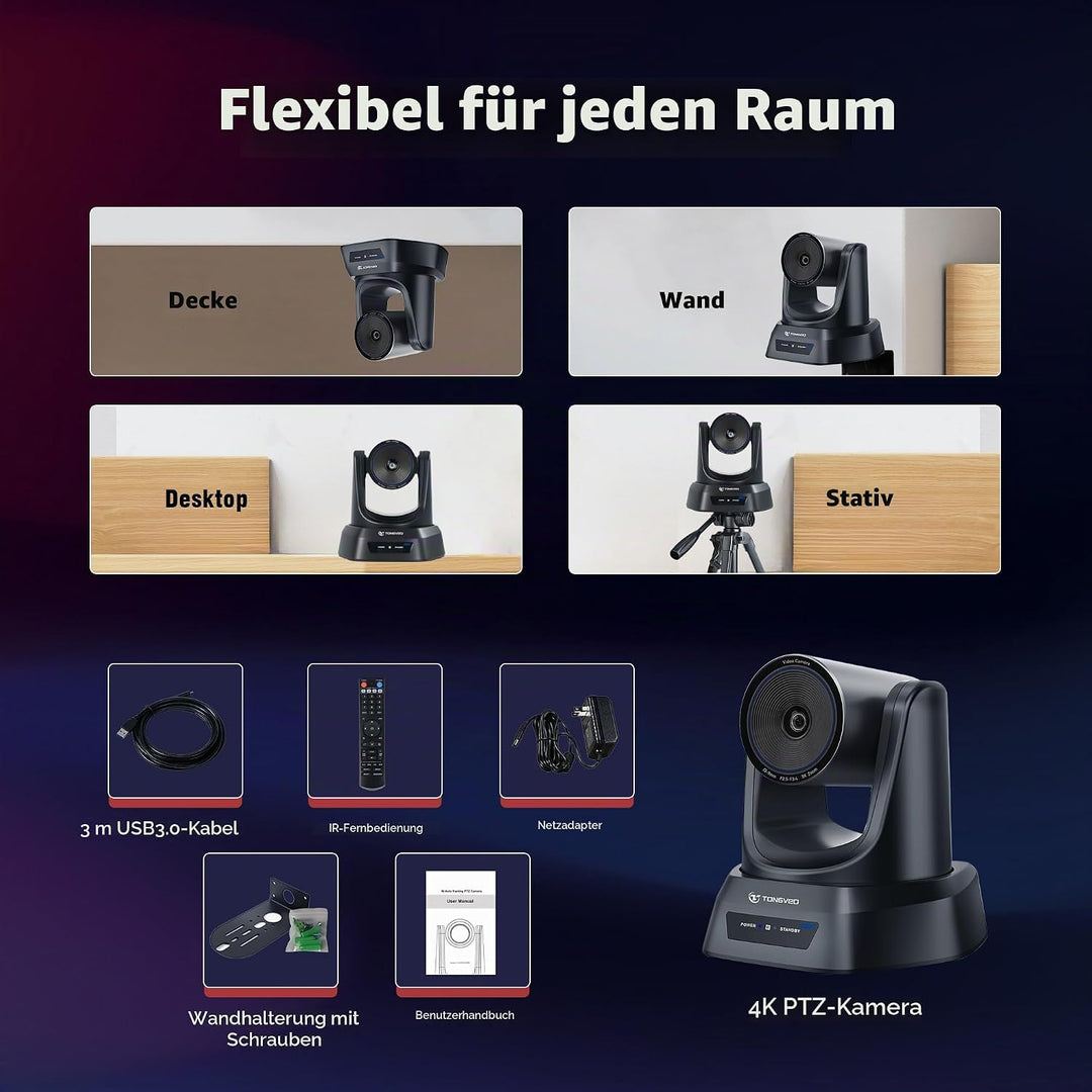TONGVEO 4K PTZ-Konferenzkamera, KI-Auto-Tracking, 3X optischer Zoom, HDMI/USB 3.0, 93°-Weitwinkel fü