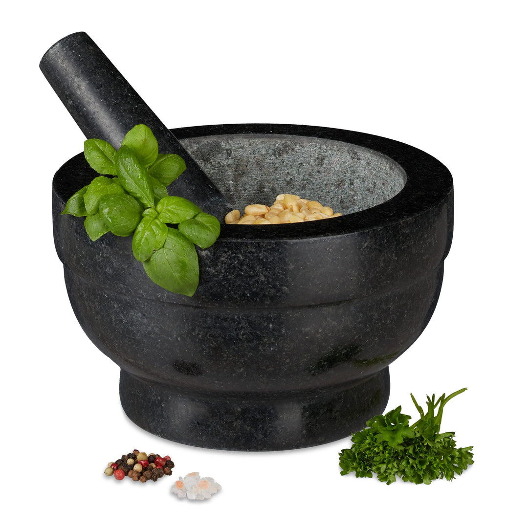 Relaxdays XXL Granit Mörser mit Stössel, robust, langlebig, Gewürze, Kräuter, Steinmörser, 5,6 kg, Ø