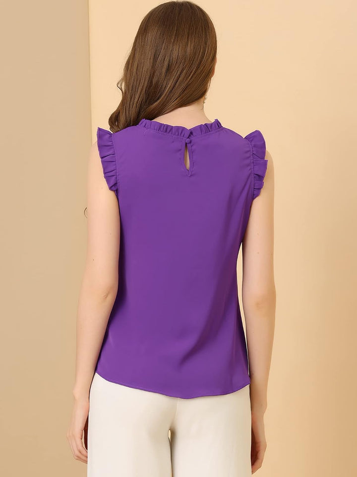 Allegra K Damen Plissee Oberteil Ärmellos Shirt Rundhals Elegante Rüschen Top Bluse M Dunkellila, M
