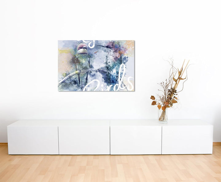 Paul Sinus Art Bild Leinwand 80x60cm Vogel auf Zweig in Blautönen mit Kalligraphie, 80x60cm