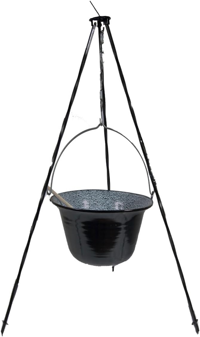 Set Ungarischer 4 L Gulaschkessel Emaille + Dreibein 1,0 m + Gratis Kochlöffel Suppenkessel Hordento