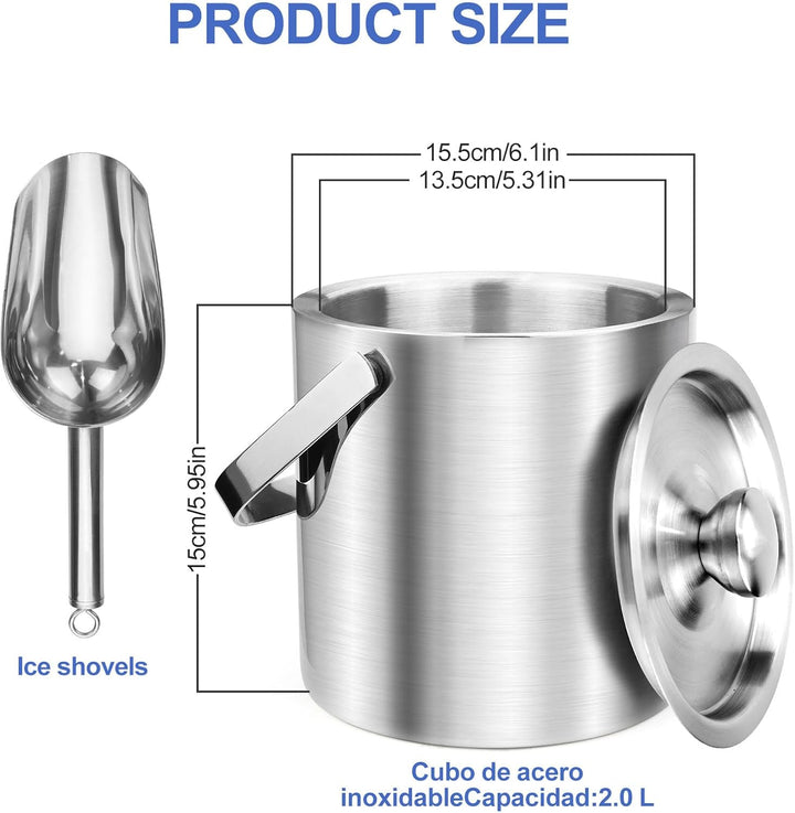 Eiskübel, 2L Eiswürfelbehälter mit Deckel & Schaufel Edelstahl Eiseimer für Eiswürfel doppelwandiger