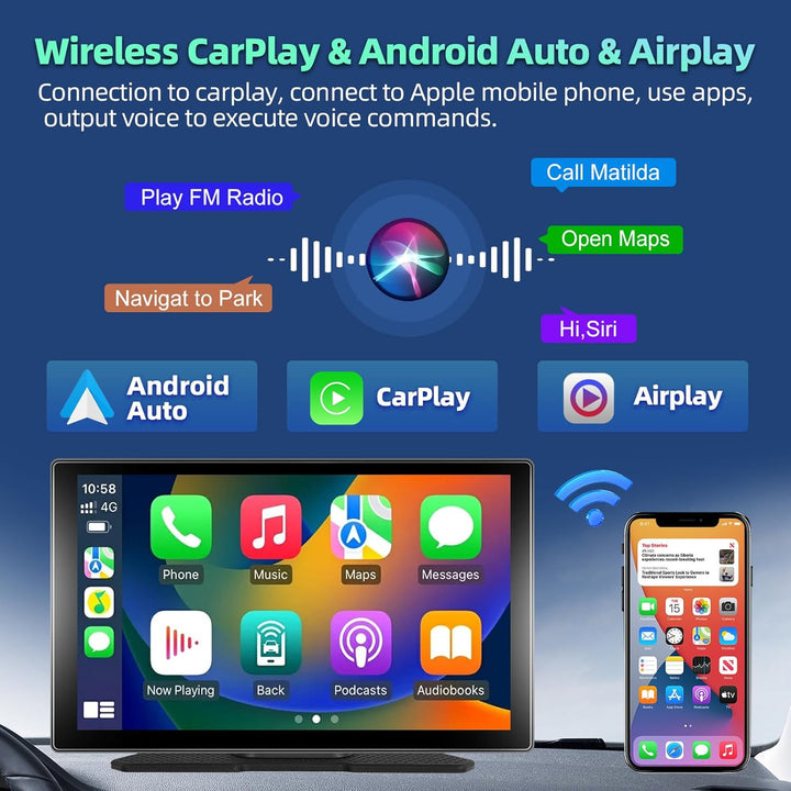 Podofo Wireless CarPlay Android Auto Tragbares Autoradio 9 Zoll IPS Touchscreen Autoradio Kabelloses