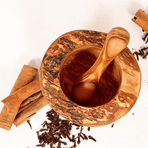 Mörser mit Stössel aus Olivenholz, Kräutermörser, handgefertigt mit Naturrand, Küchenmörser Holzmörs