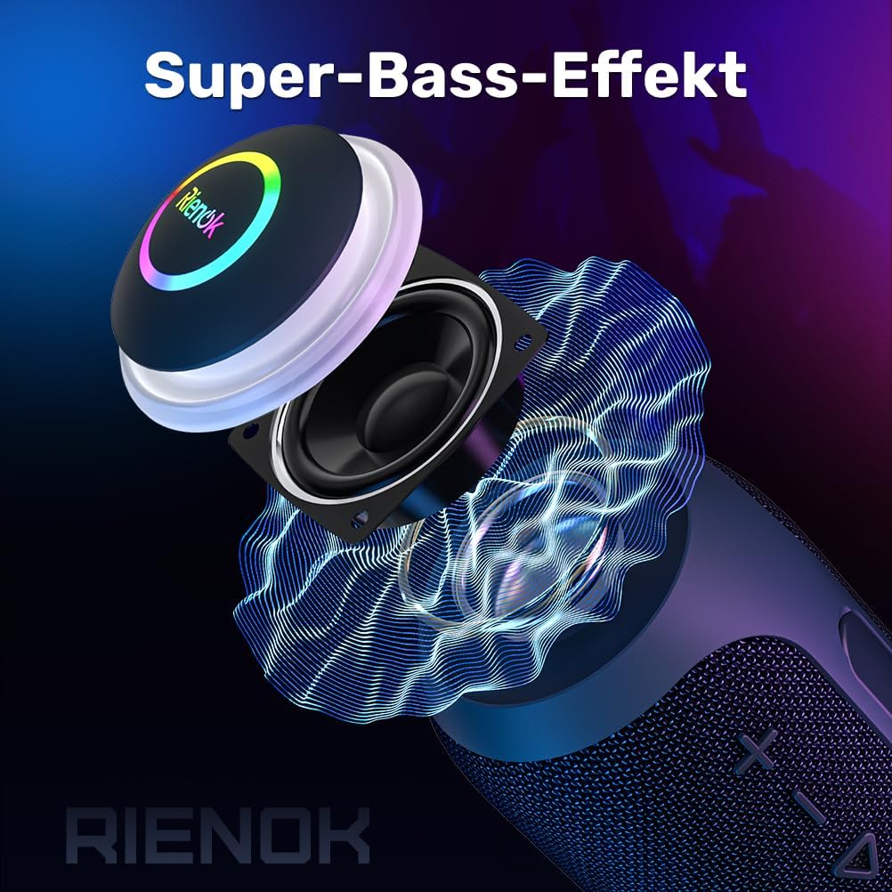 RIENOK Bluetooth Lautsprecher Musikbox mit LED-Licht Bluetooth 5.3 Klein Tragbar Stereo Kabellos Box
