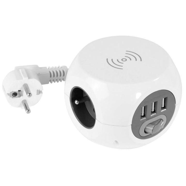 Induktionswürfel + USB. 3 Steckdosen 16A+T + 3 USB-Ladegeräte, 2, 4 A + Induktionsladegerät Universa