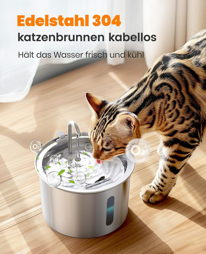 oneisall Katzenbrunnen Edelstahl, 2L Trinkbrunnen für Katze, Extrem Leiser Katzen Trinkbrunnen mit W