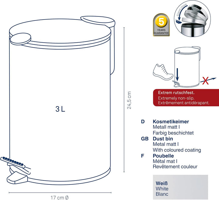 kela Kosmetikeimer 3l weiss matt, Silent-Close-Deckel, Tretmülleimer Badezimmer MATS, Badmülleimer m
