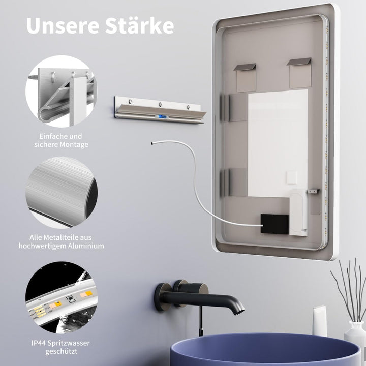 HOKO LED Badspiegel 50x70 cm / 70x50 cm Kansas mit Antibeschlag, Weisser Alurahmen, HOCH+QUER Montag