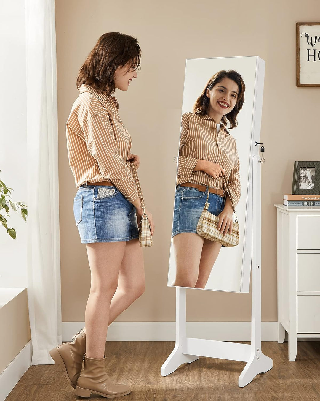SONGMICS Schmuckschrank, Spiegelschrank stehend, mit 2 separaten Make-up Organizern, rahmenloser Gan