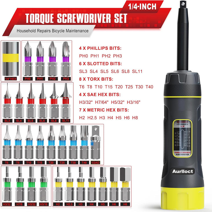 Aurlloct Langer Schaft Drehmoment Schraubendreher Satz 1/4 Zoll, 0.4-2.4 Nm, mit S2-Stahlbits, für R