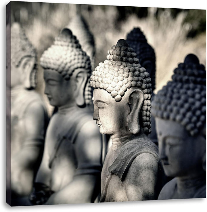 Pixxprint Meditierende Buddha-Statuen in Einer Reihe, Format: 70x70 auf Leinwand, 70x70