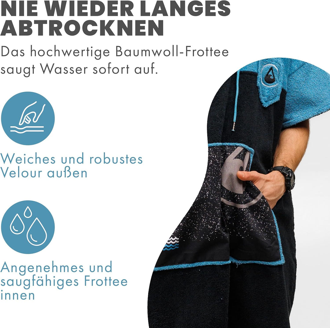 WAVE HAWAII Bade-Poncho für Damen & Herren | Grösse L, 170-200cm | 100% Baumwolle Surf-Poncho | Velo