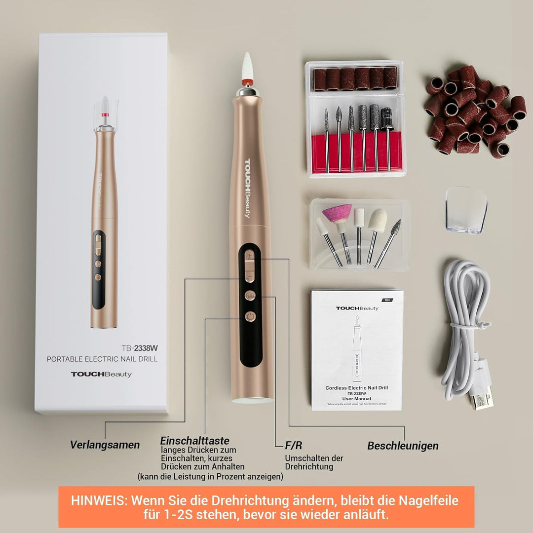 TOUCHBeauty Elektrische Nagelfeile Set Kabellos-Nagelfräser Nail Drill mit 5 Geschwindigkeiten, LCD-