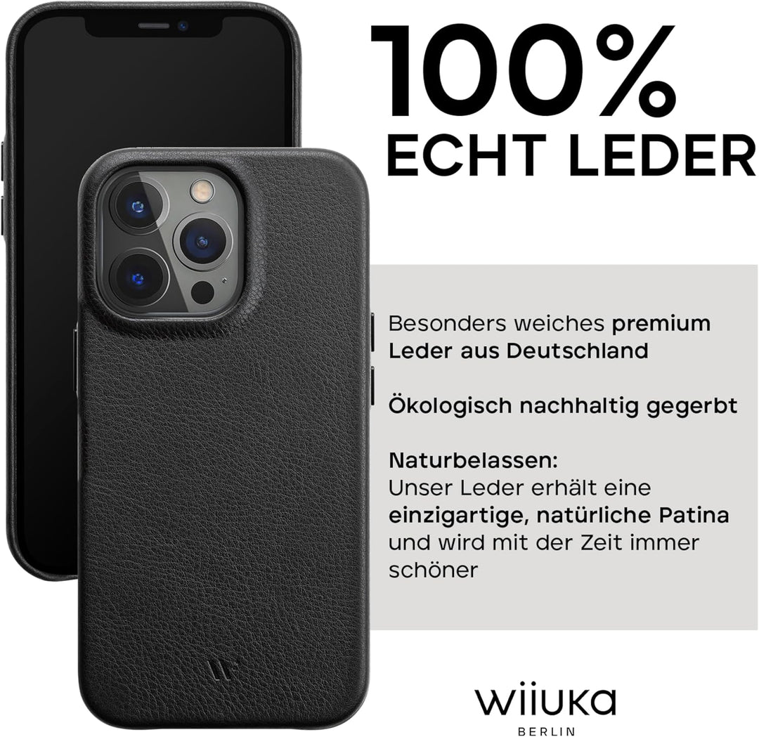 WIIUKA Hülle für iPhone 15 Pro Max, Leder aus Deutschland, Lederhülle extra Dünn, Premium Handyhülle