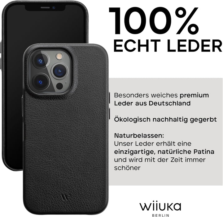 WIIUKA Hülle für iPhone 15 Pro, Leder aus Deutschland, Lederhülle extra Dünn, Premium Handyhülle, Ca