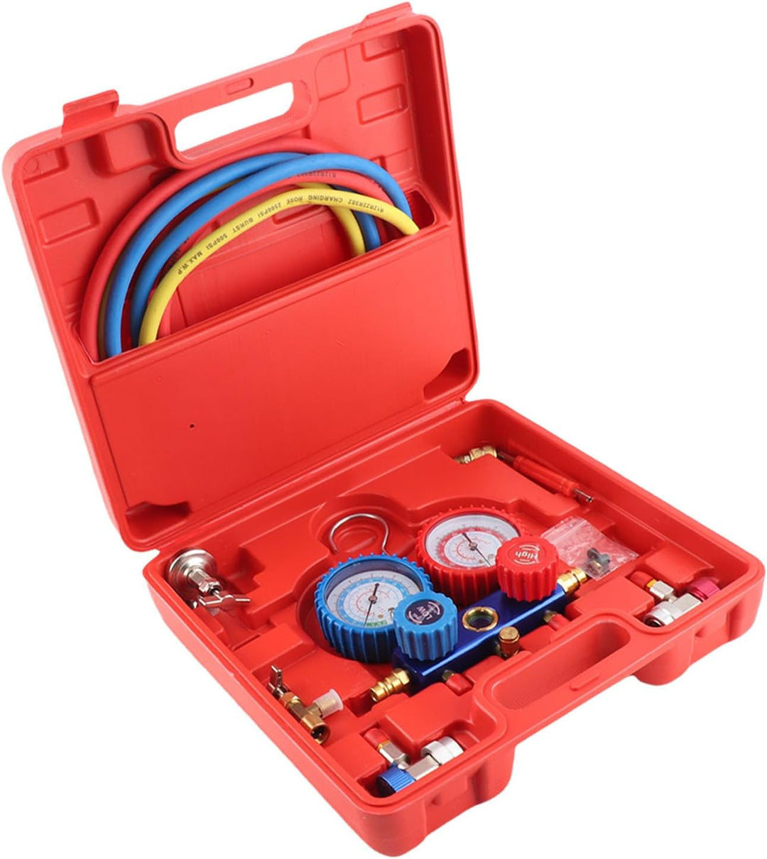 SOULONG R134a Manometer mit dreifarbigen Ladeschläuchen und Adapter, für Klimaanlagen im Auto