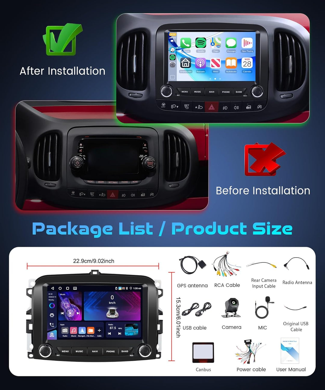 4G+64G Rimoody Android Autoradio für FIAT 500L 2013-2019 7 Zoll Wireless Carplay Stereo Auto mit And