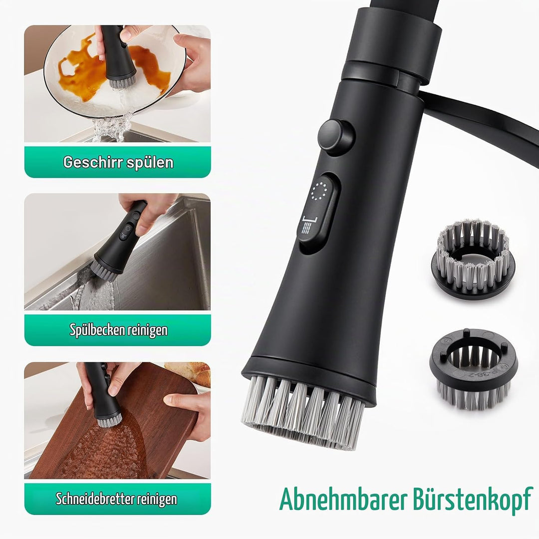 CREA Wasserhahn Küche mit 3 Funktionen Brause, Hochdruck Küchenarmatur mit Ausziehbarer Brause, 360°
