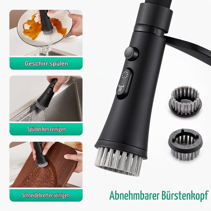 CREA Wasserhahn Küche mit 3 Funktionen Brause, Hochdruck Küchenarmatur mit Ausziehbarer Brause, 360°